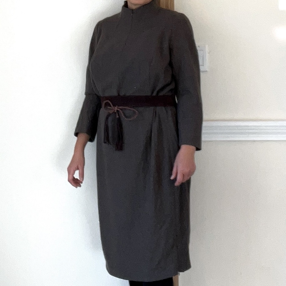 Akris Italian wool mock neck dress, with silk lining, size 14 (46), color brown